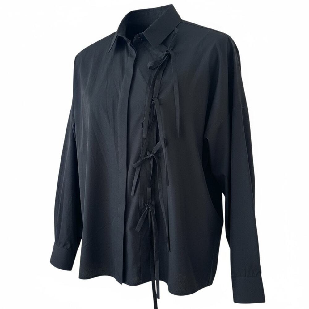 Maison Margiela MM4 Black Tie-Front Shirt IT 38 US 2 Mandarin Designer Blouse